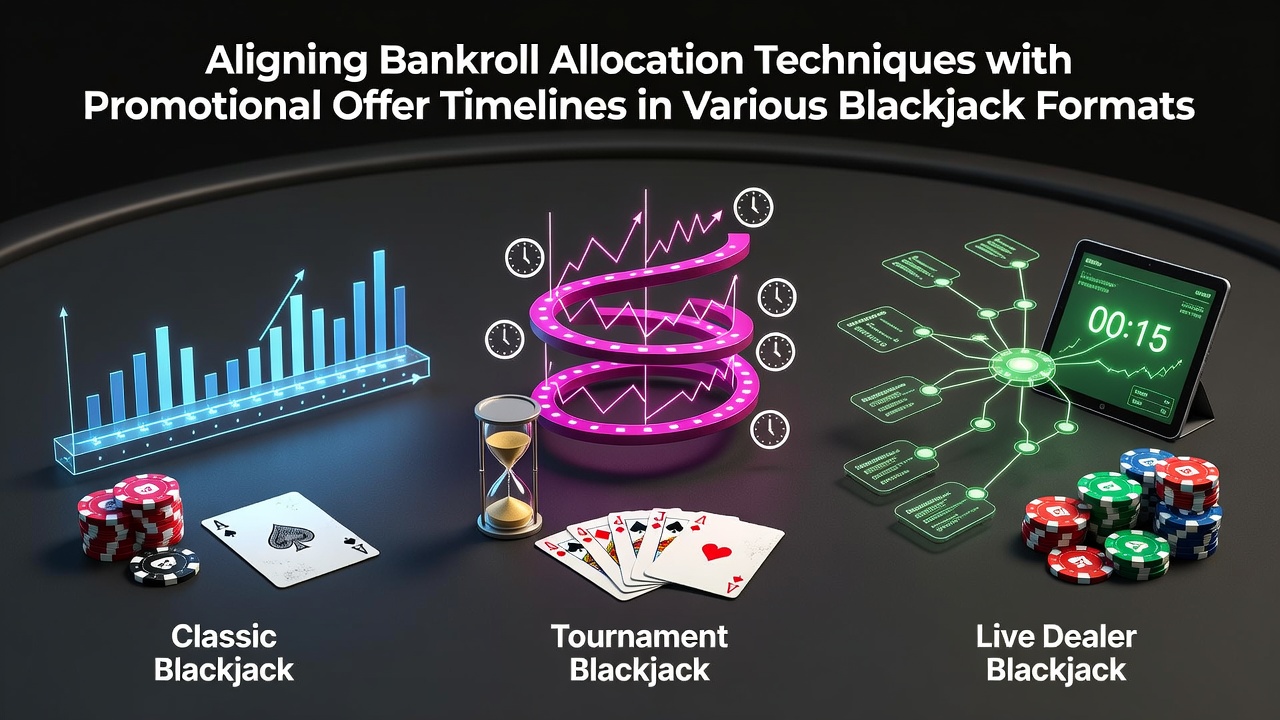 Blackjack-Tisch mit Bankroll-Strategie-Diagrammen und Werbeangebots-Zeitplänen in einem Casino-Setting
