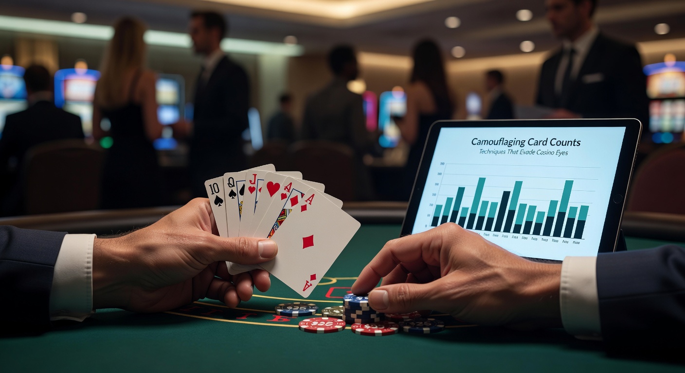 Ein Spieler am Blackjack-Tisch, der unauffällig zählt, während der Dealer Karten austeilt; typische Casino-Atmosphäre mit Überwachungskameras im Hintergrund