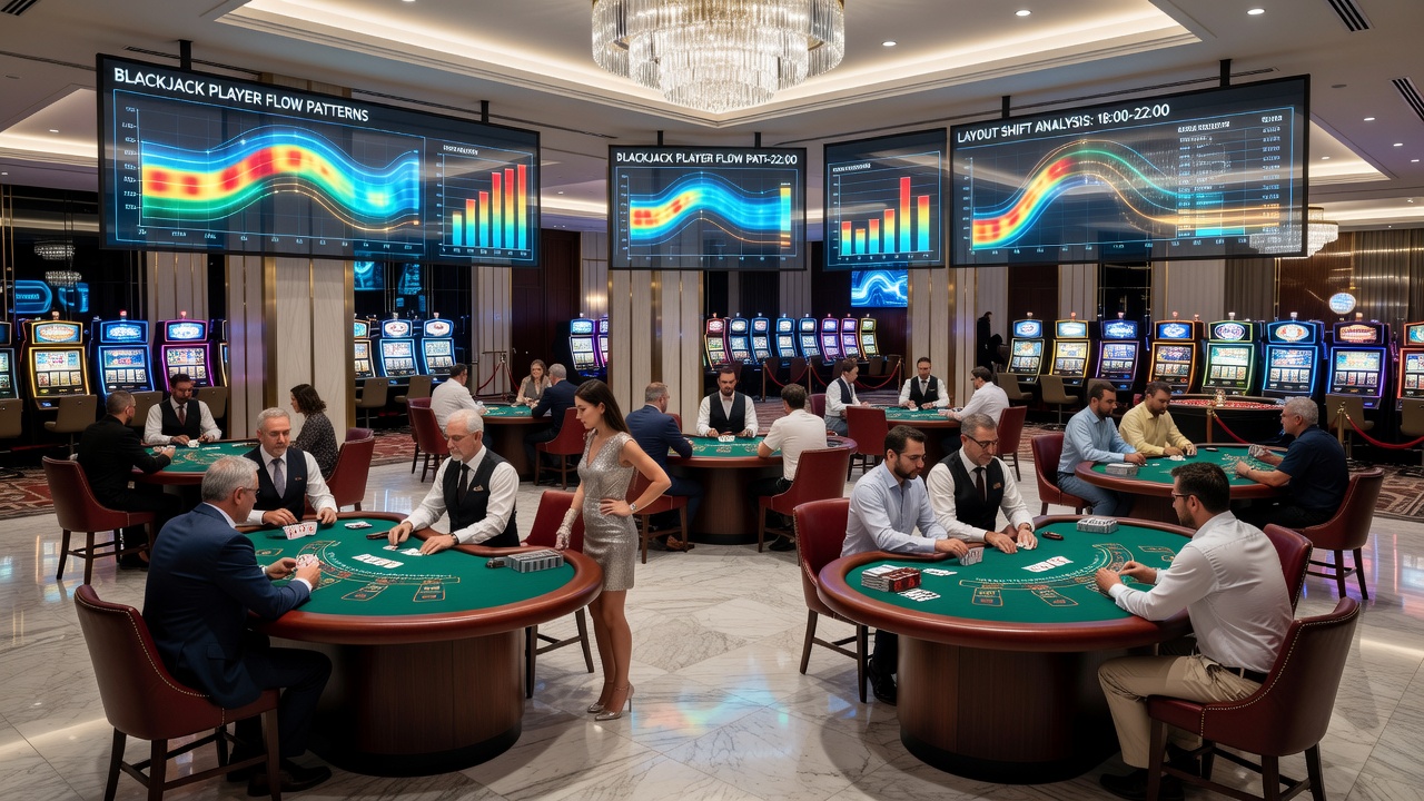 Casino-Bodenlayout mit Blackjack-Tischen und Spielerströmen in einem Resort