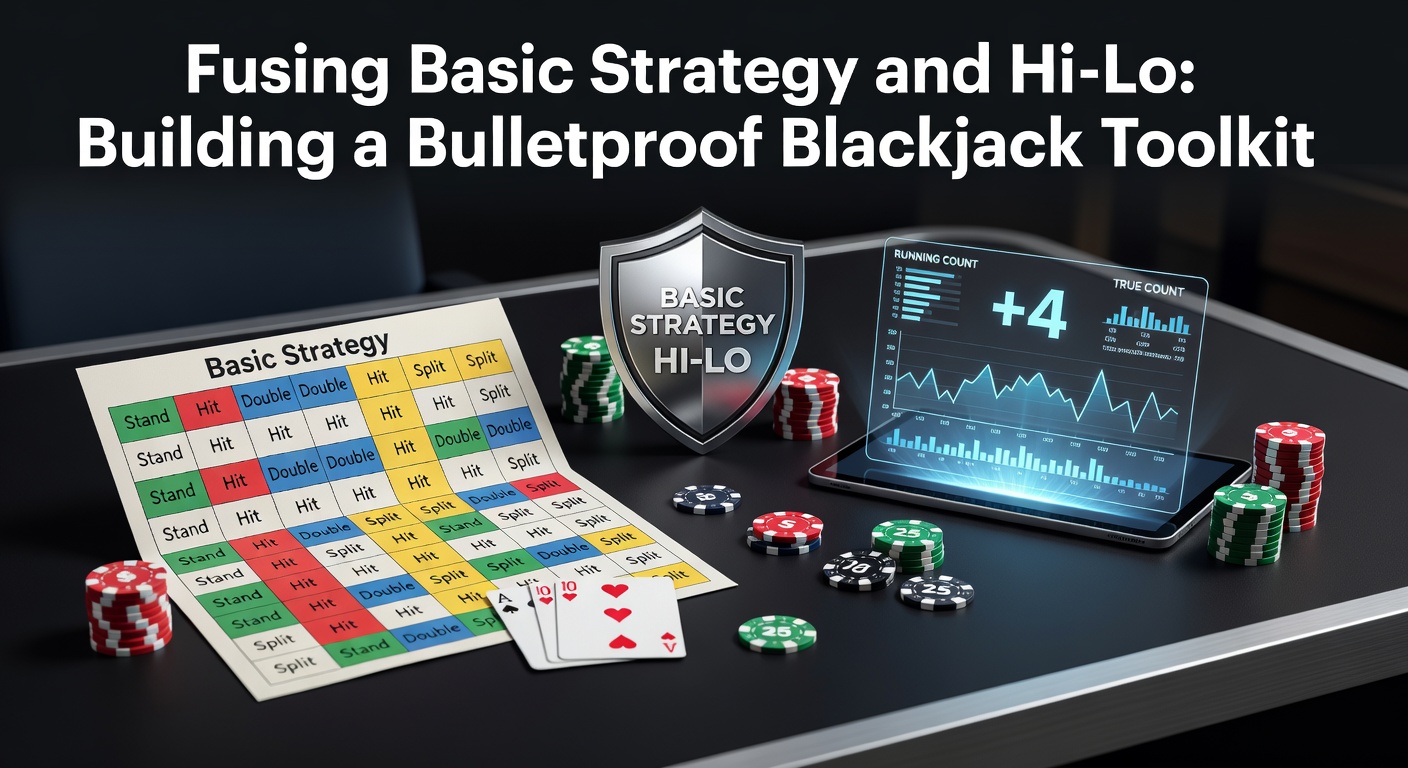 Darstellung einer Blackjack-Tabelle mit Karten und Strategie-Chart, die Basic Strategy und Hi-Lo-Count kombiniert