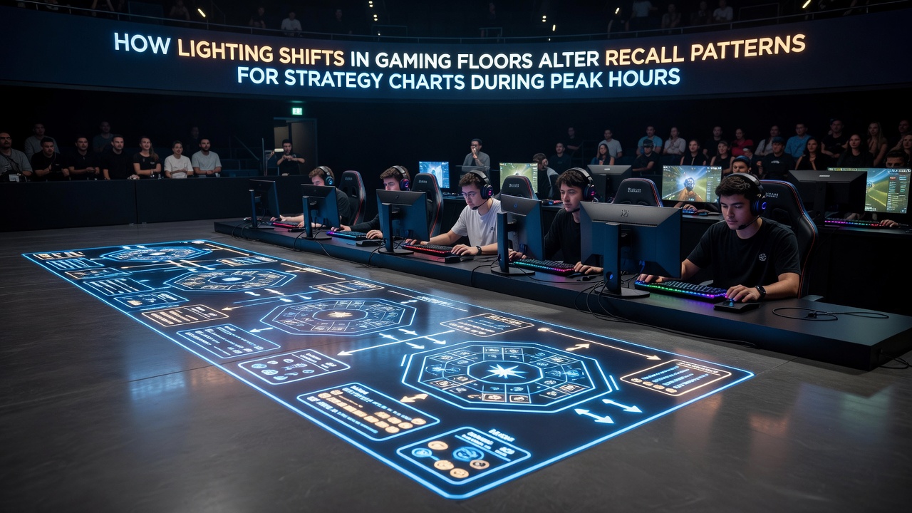 Detailaufnahme eines Strategiecharts unter wechselnder Beleuchtung in einer überfüllten Spielhalle mit Fokus auf Kontrast und Lesbarkeit