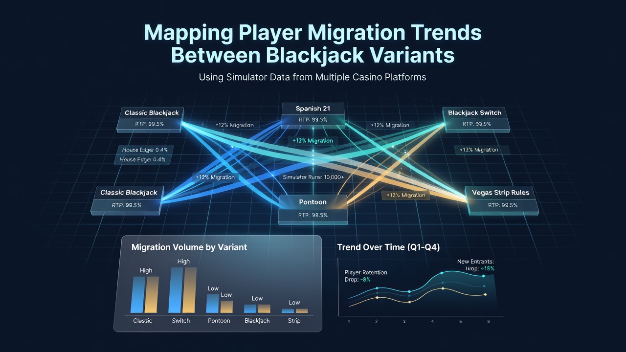 Visualisierung von Simulator-Daten zur Migration von Blackjack-Spielern über verschiedene Varianten und Plattformen hinweg