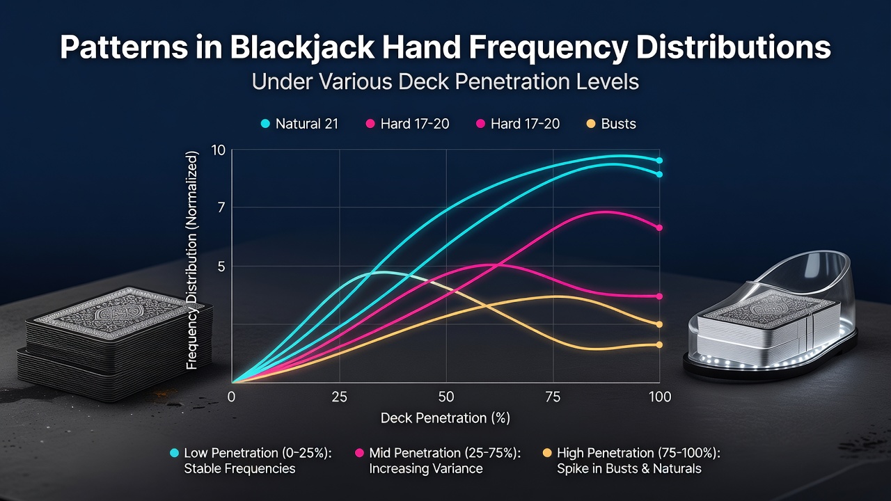 Diagramme zeigen Handverteilungsmuster in Blackjack bei variierenden Deck-Penetrationen