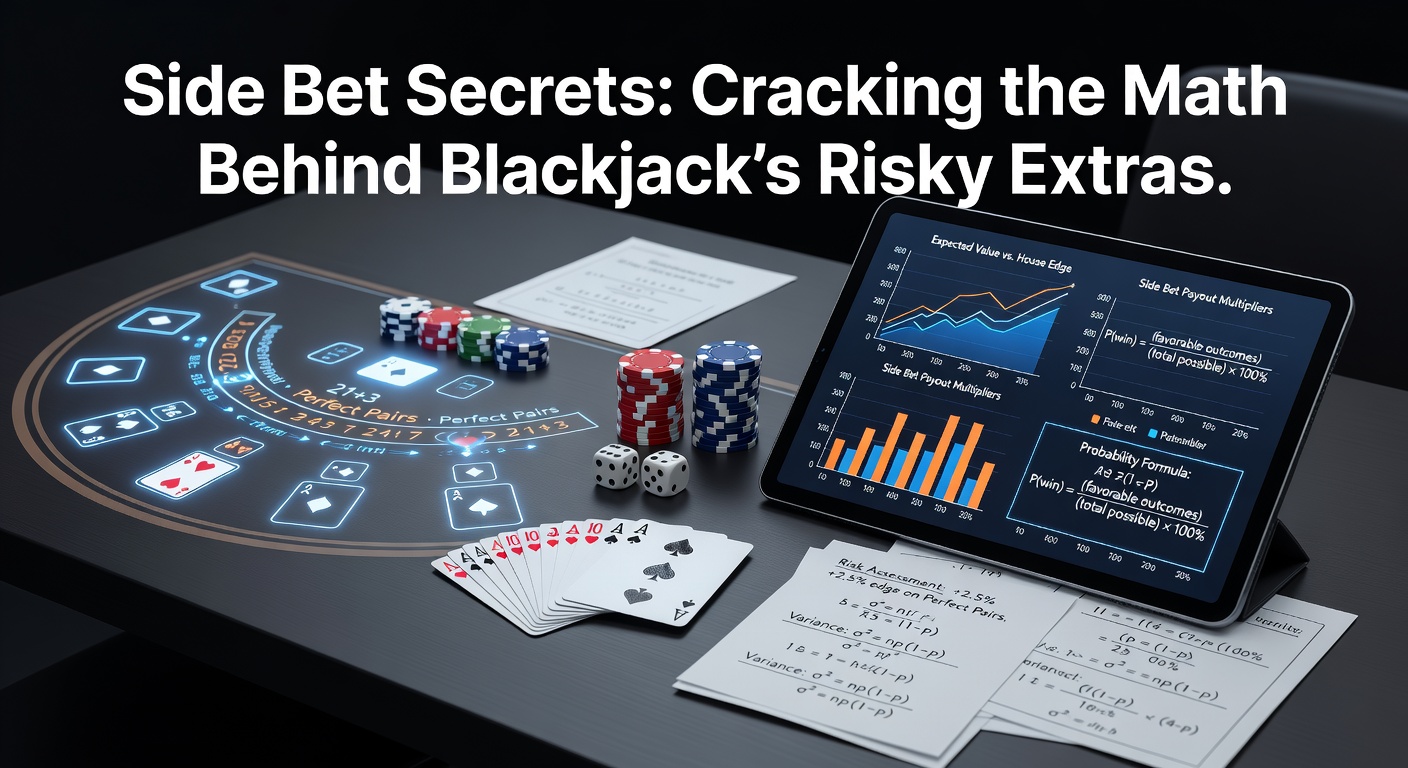 Detaillierte Grafik mit mathematischen Formeln und Diagrammen zu House Edge-Berechnungen für verschiedene Side Bets im Blackjack