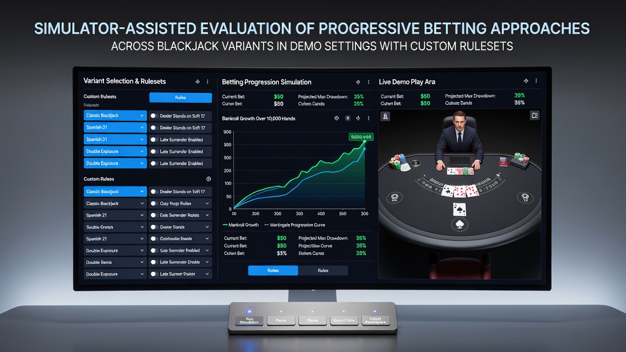 Simulator-Software zeigt progressive Wettverläufe über mehrere Blackjack-Varianten in einer Demo-Umgebung mit individuellen Regelsätzen