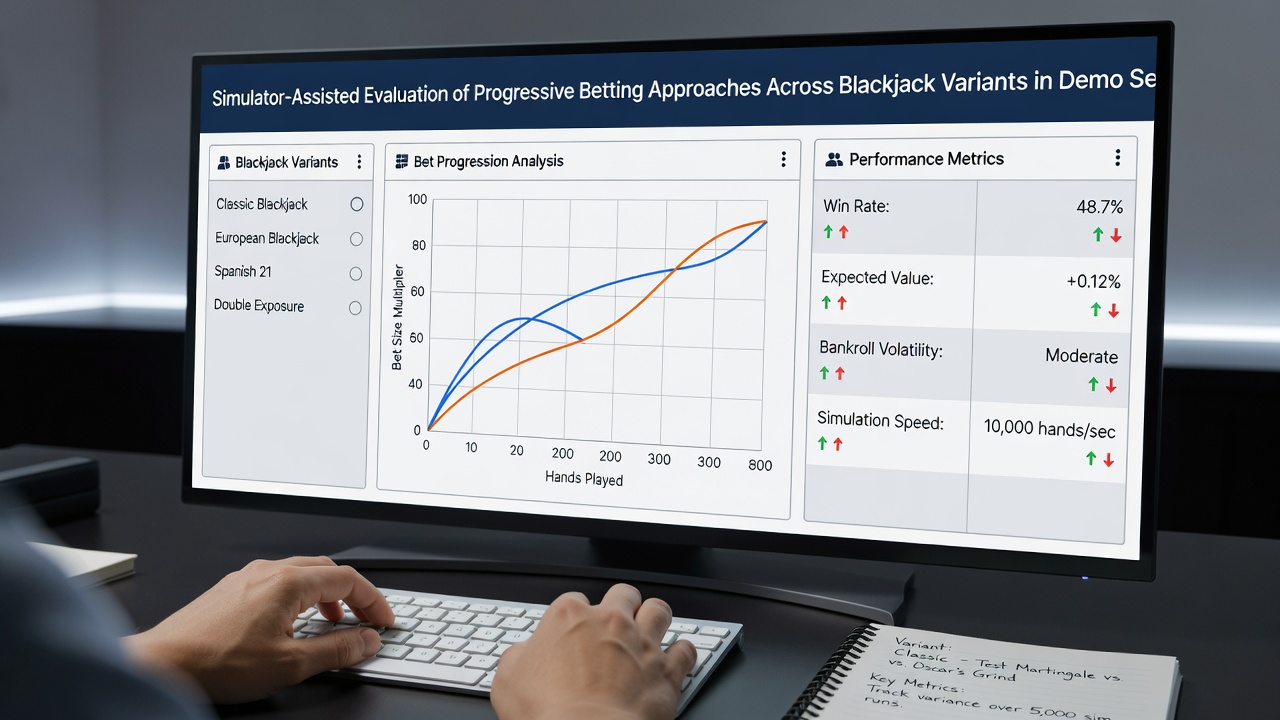 Detaillierte Grafik der Simulationsergebnisse für progressive Betting-Strategien in mehreren Blackjack-Varianten mit benutzerdefinierten Regeln
