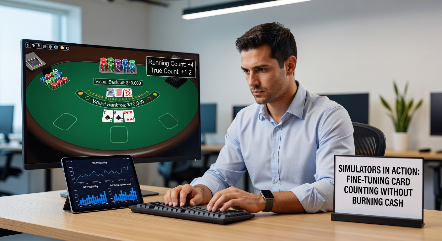 Screenshot eines Blackjack-Simulators, der Kartendecks und Zählwerte anzeigt, während ein Spielverlauf simuliert wird