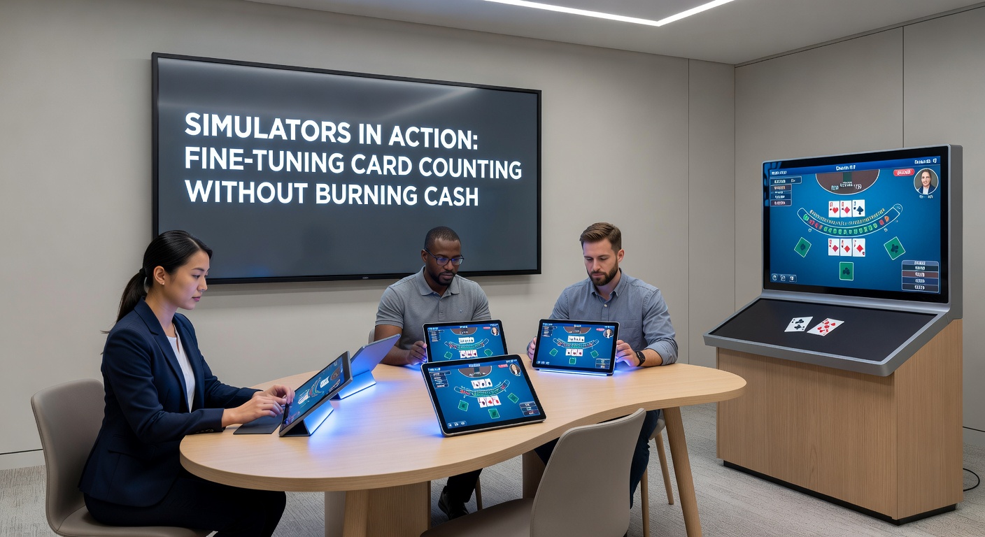 Detaillierte Grafik eines Simulators mit Count-Tracker, Bet-Größen-Anpassung und Win/Loss-Statistiken über tausende simulierte Hände