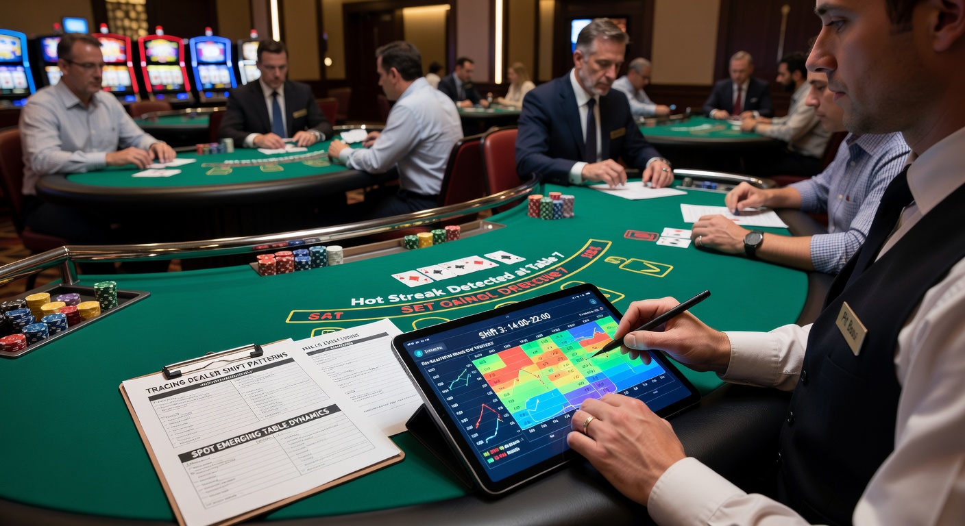 Darstellung von Blackjack-Tischen mit Händlerwechseln und beobachteten Spielmustern in einer Casino-Grube
